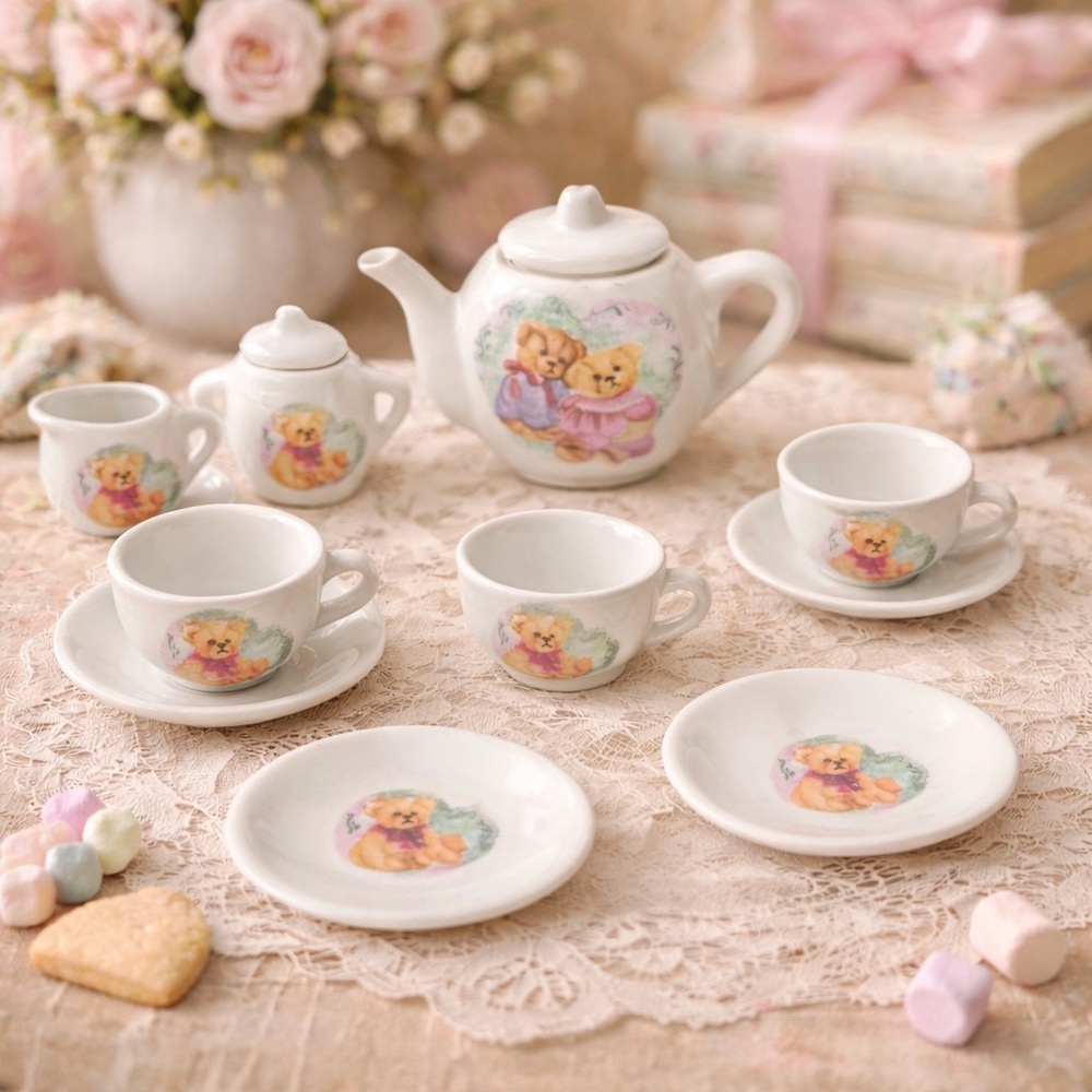 VINTAGE 1991 MINI PORCELAIN TEA SET TEDDY BEARS 12 Pieces‎ Cups Saucers
